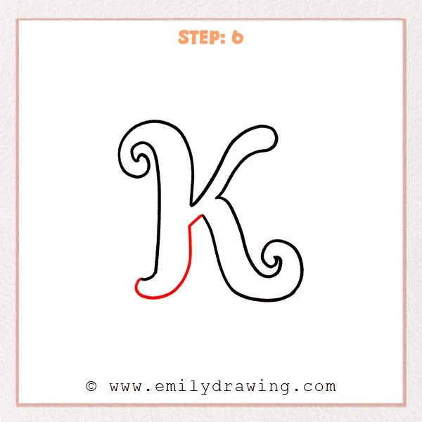 how to draw a fancy letter k - A fancy letter k where the bottom of the main stem is being thickened with a parallel outline, creating a rounded base and a cleaner connection to the center.